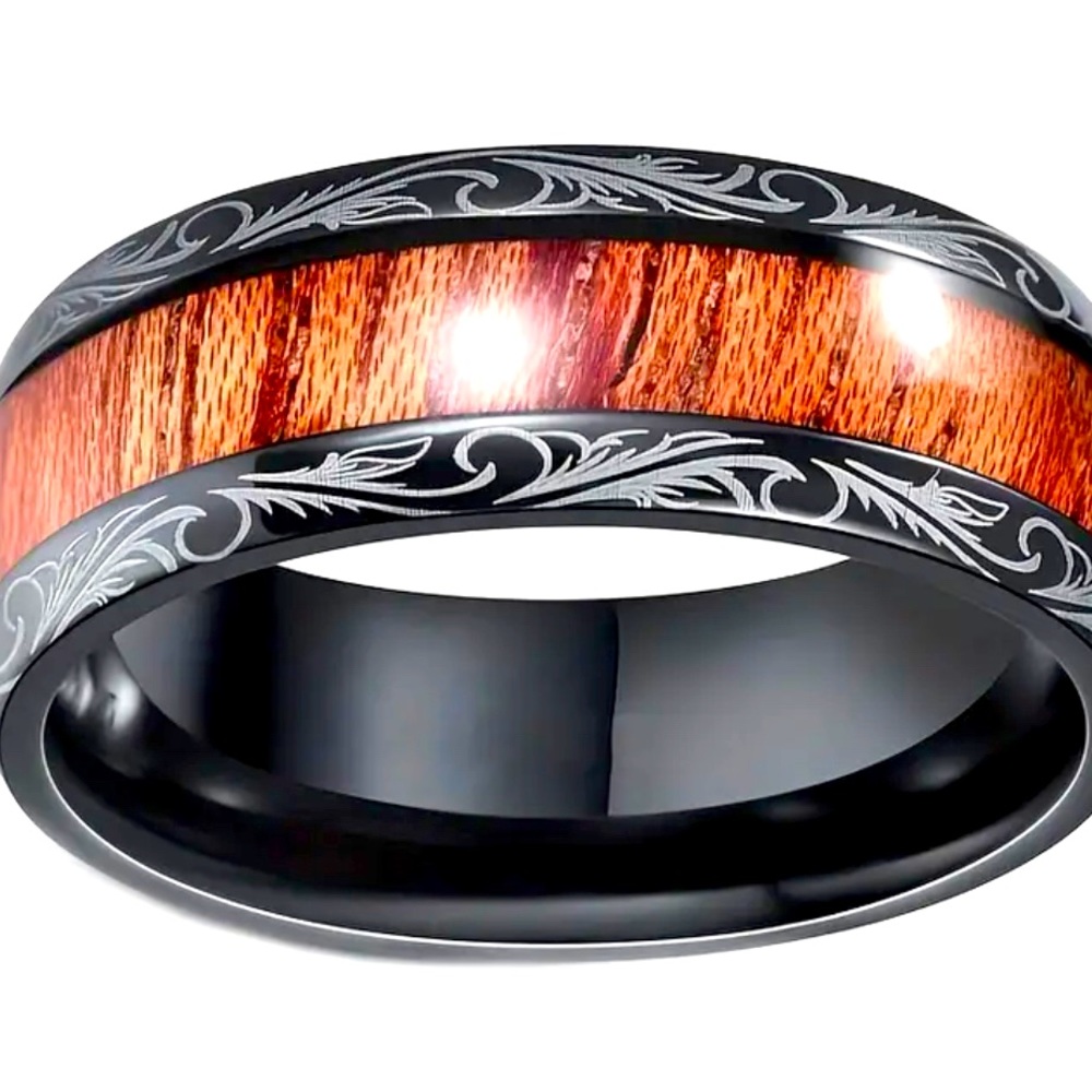 Women/Men Gun Black Tungsten Steel Ring Inlaid Wood Ring NWT Size 7,8,9,10,11,12